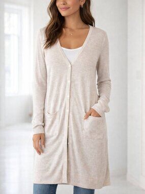 Bershka Longline Knit Cardigan Beige Button Front Pockets Size Small